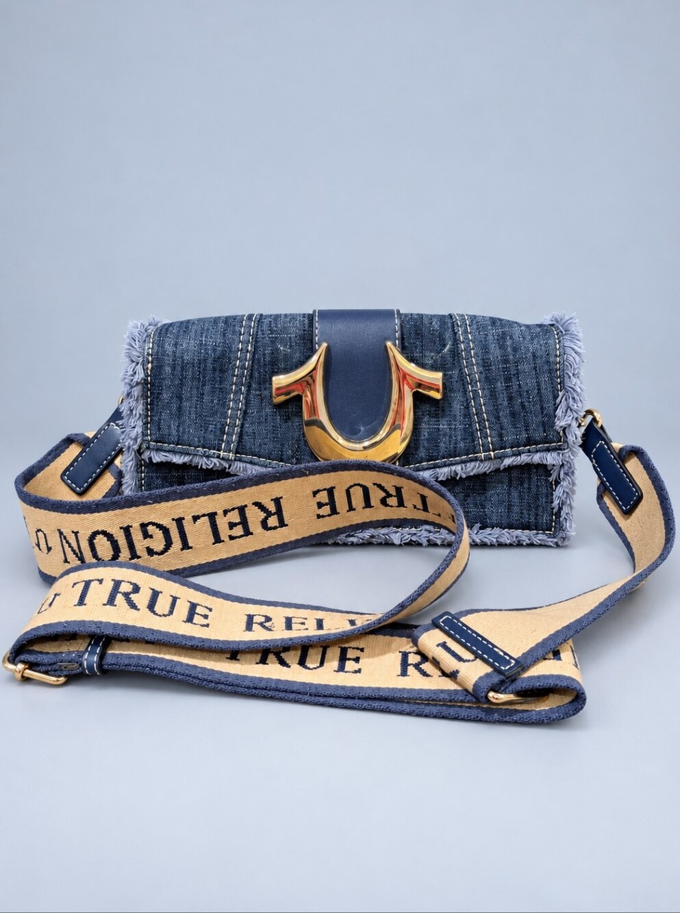 True Religion Denim Crossbody Shoulder Bag Blue Frayed Gold Horseshoe Y2K